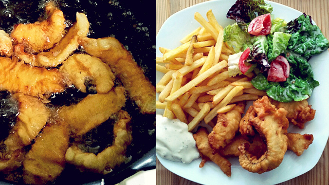 Flunder Fisch und Chips Bordküche