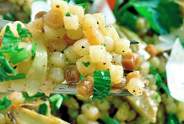 Fregola Tostada auf Gabel von Tiposarda