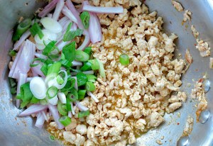 Larb Gai Zutaten vermischen in milder Hitze