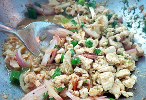 Larb Gai Zutaten vermischen