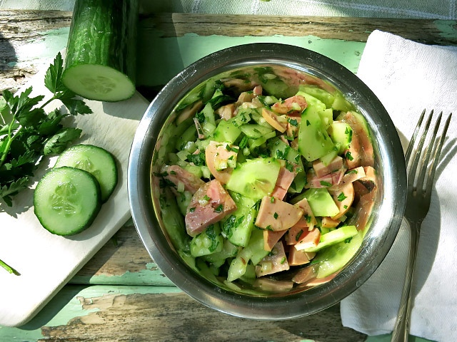 Die See kocht Wurstsalat mit Sülze und Gurke